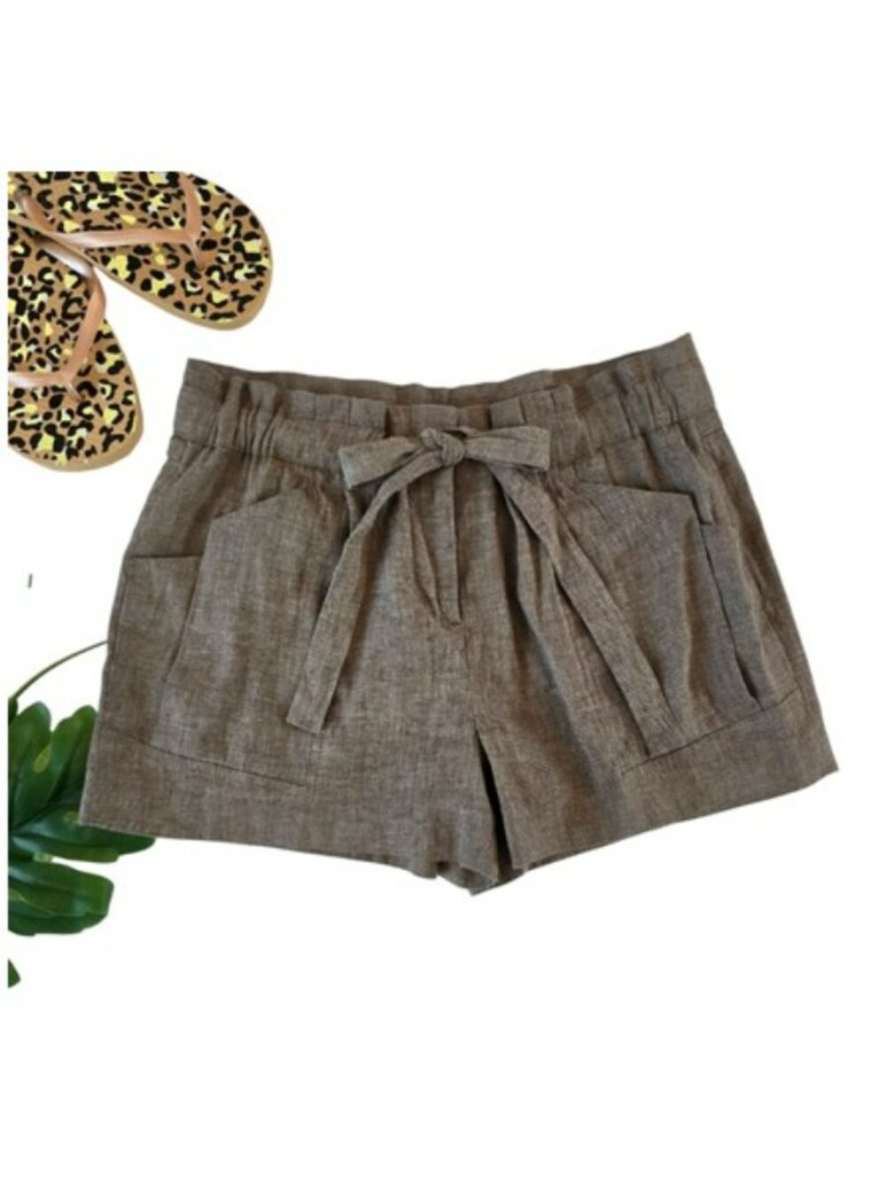 BCBGMaxAzria Women's Shorts Size 4 Brown Linen Blend Tie Waist Sabina Vacation